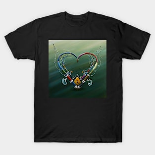 Water Hearts Of Love With Fishing Poles 2 T-Shirt